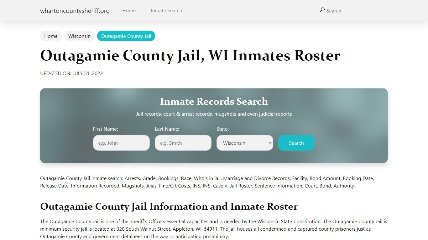 Outagamie County Jail, WI Jail Roster, Name Search